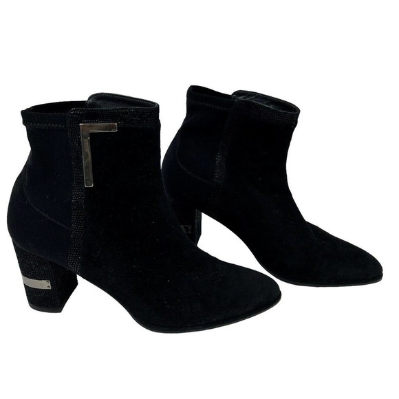 Stuart Weitzman Black Suede Heeled Ankle Boots Size 7 Silver Accents - Picture 2 of 13